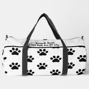 Classic Black Paw Print White Monogram Personalise Duffle Bag