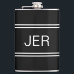 Classic Black Personalised Monogram Initials Drink Hip Flask<br><div class="desc">Three Initial Monogrammed stainless steel flasks are timeless, classic and stylish. Our Unique design is the perfect personalised gift for that special occasion. Shop our integrated collection of coordinating colours and golf - sports accessories. Custom personal monogrammed initials are added to a classic black background with white shadowed font and...</div>