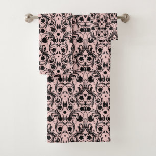 Classic Black & Pink Damask Pattern Bath Towel Set