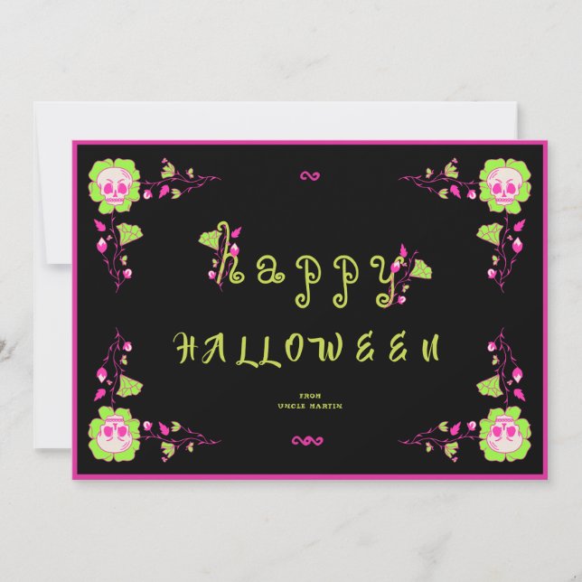Classic Black & Pink Skull Happy Halloween Card (Front)