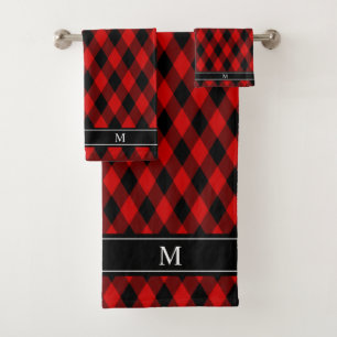 Classic Black Red Diamond Pattern & Monogram Bath Towel Set