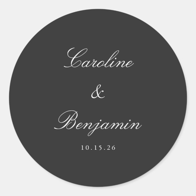 Classic Black Script Elegant Wedding Custom Round Sticker (Front)