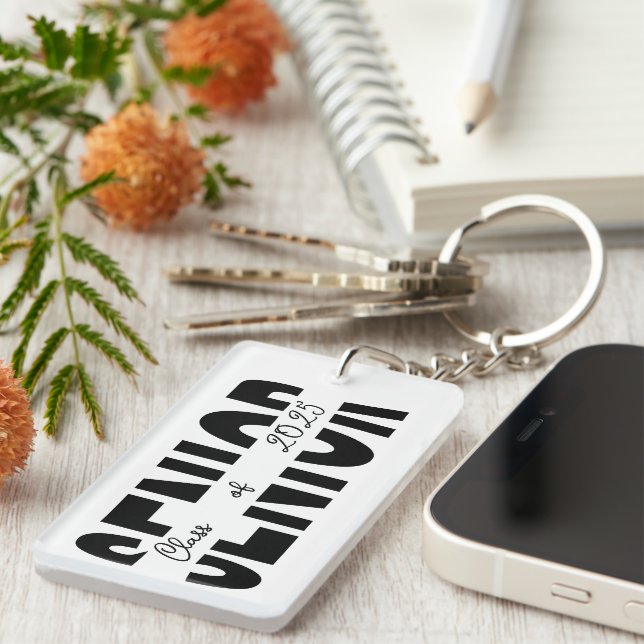 Classic black Senior custom personalised Key Ring (Front Right)