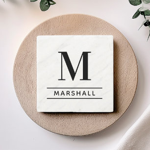 Classic Black Serif Monogram Family Name Stone Coaster