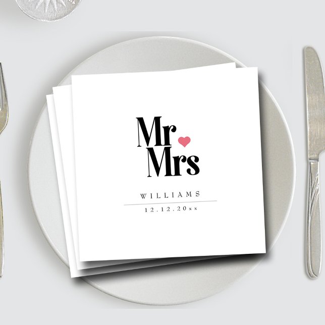Classic Black Serif | Mr and Mrs Heart Monogram Napkin (Classic Black Serif  Mr and Mrs Heart Monogram Napkins)