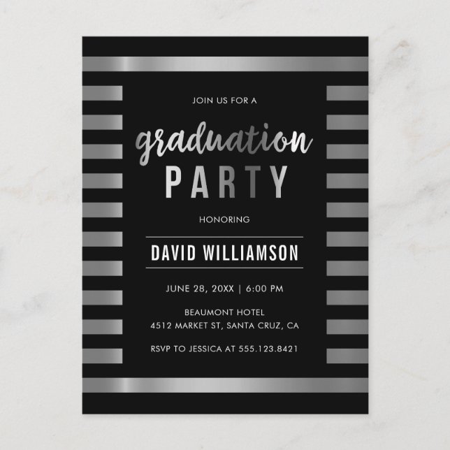 Classic Black & Silver Stripes Graduation Party Invitation Postcard (Front)