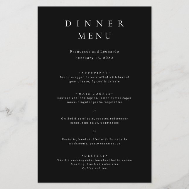 Classic Black Simple Wedding Menu (Front)