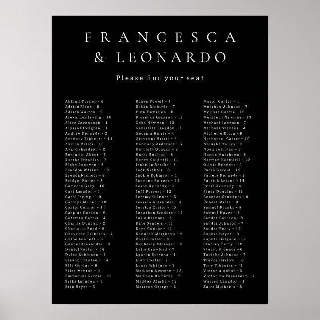 Classic Black Simple Wedding Seating Chart (Front)