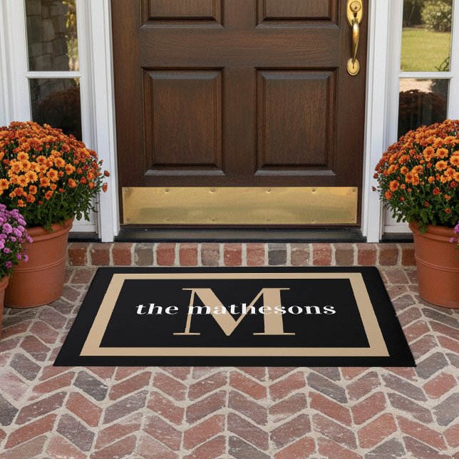 Classic Black & Tan Family Name & Monogram Doormat (Creator Uploaded)
