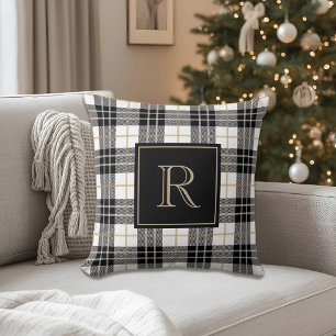 Classic Black Tartan Plaid Custom Initial Cushion