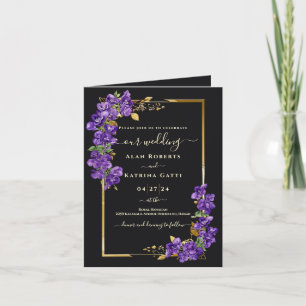 Classic Black Violet Floral Gold Frame Folded Invitation