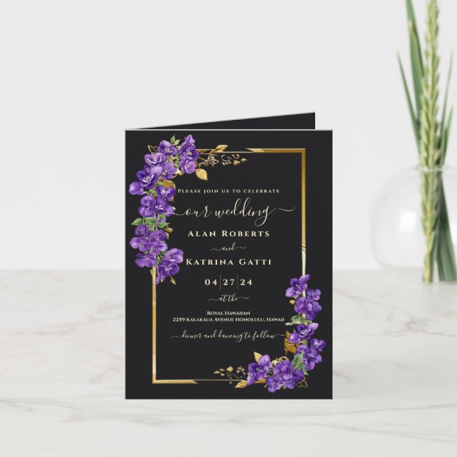 Classic Black Violet Floral Gold Frame Folded Invitation (Front)