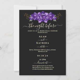 Classic Black Violet Floral Gold Rehearsal Dinner Invitation