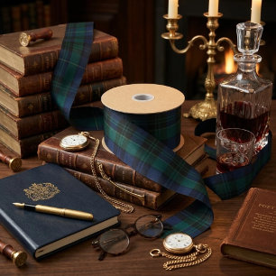 Classic Black Watch Tartan Dark Green Navy Blue  Satin Ribbon
