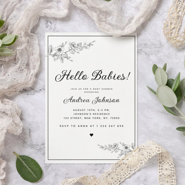 Classic Black White Botanical Minimal Baby Shower Invitation (Creator Uploaded)