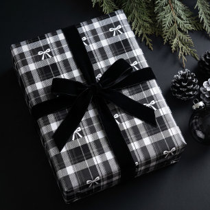 Classic Black White Bow Christmas Tartan Plaid Wrapping Paper
