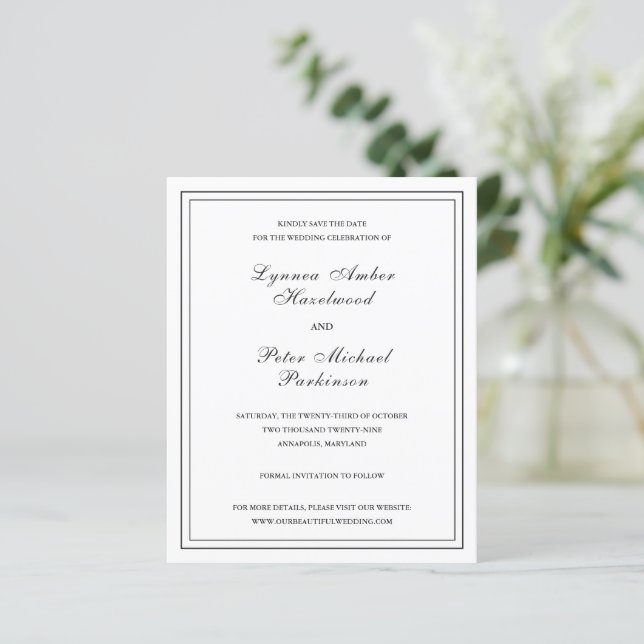 Classic Black White Budget Wedding Save the Date (Standing Front)