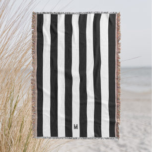 Classic Black & White Cabana Stripe Monogram Throw Blanket