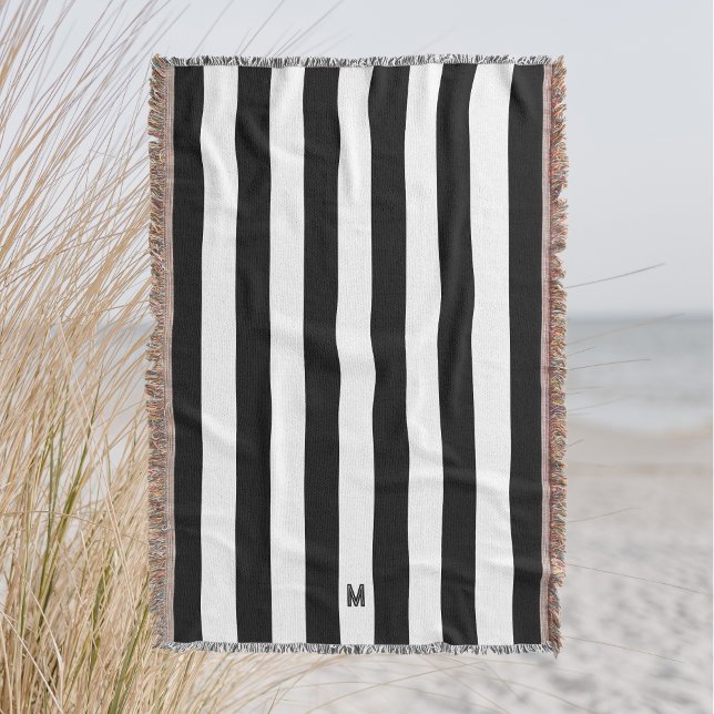 Classic Black & White Cabana Stripe Monogram Throw Blanket (Creator Uploaded)