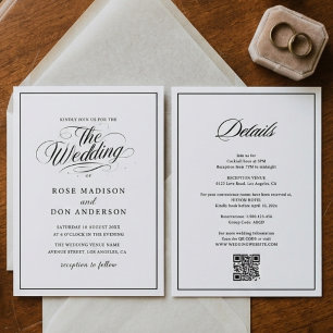 Classic Black White Calligraphy Border QR Wedding Invitation
