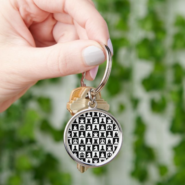 Classic Black & White Chessboard Pattern Key Ring (Hand)
