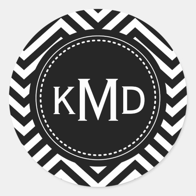 Classic Black White Chevron Trio Monogram Round Sticker (Front)