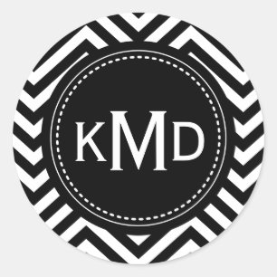 Classic Black White Chevron Trio Monogram Round Sticker