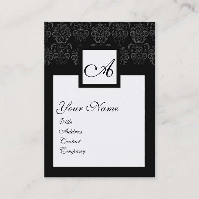 CLASSIC BLACK WHITE DAMASK FLORAL SQUARE MONOGRAM BUSINESS CARD (Front)