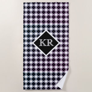 Classic Black White Diamond Pattern Monogram Beach Towel