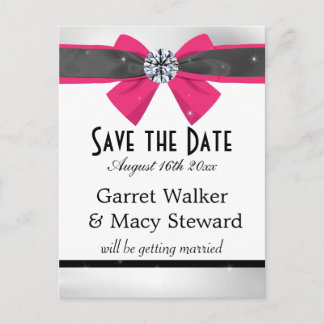 Classic Black & White Drapery with Magenta Bow Announcement Postcard