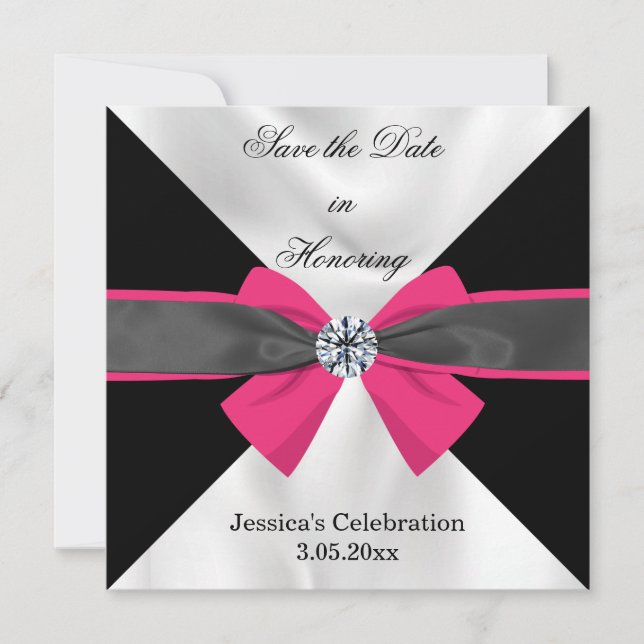 Classic Black & White Drapery with Magenta Bow Save The Date (Front)
