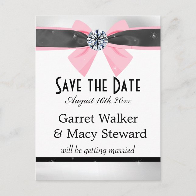 Classic Black & White Drapery with Pink Bow Announcement Postcard (Front)