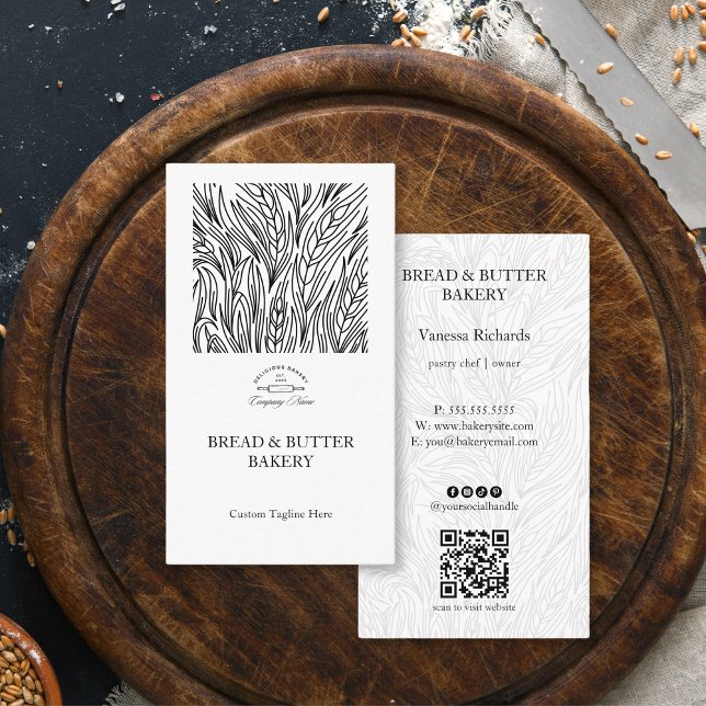 Classic Black White Elegant Wheat Pattern Bakery  Business Card (Creator Uploaded)