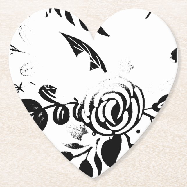 Classic Black & White Faded Floral Heart Coaster (Front)