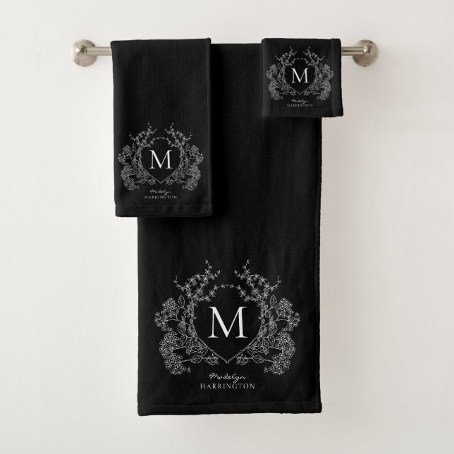 Classic Black White Floral Crest Initial Monogram Bath Towel Set (Insitu)