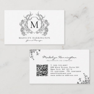 Classic Black White Floral Crest Monogram QR Code Business Card