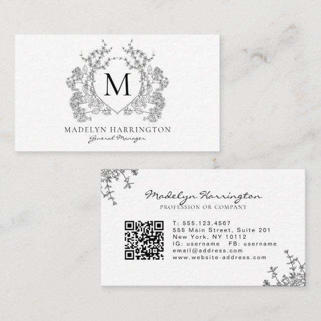 Classic Black White Floral Crest Monogram QR Code Business Card (Front/Back)
