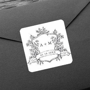 Classic Black & White Floral Crest Monograms Square Sticker