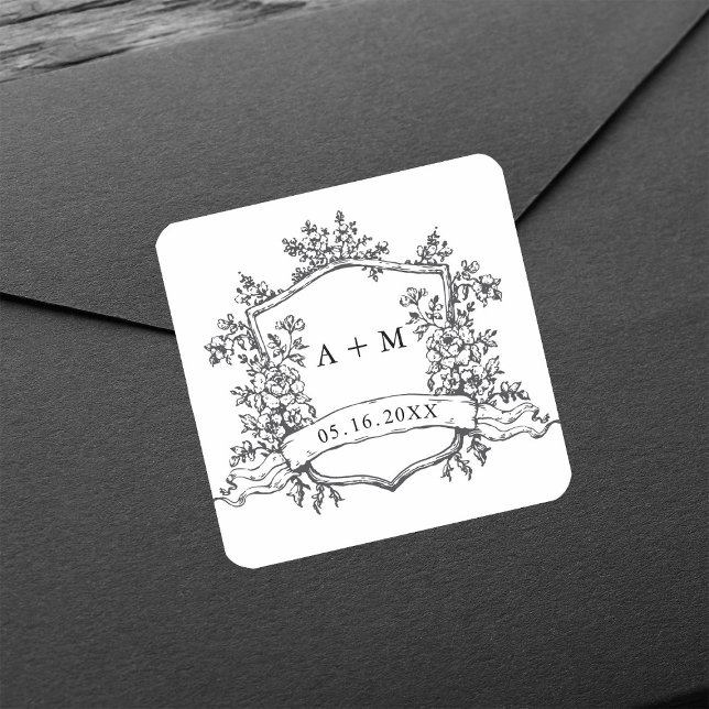 Classic Black & White Floral Crest Monograms Square Sticker (Creator Uploaded)