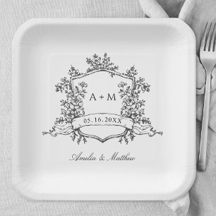 Classic Black & White Floral Crest Wedding Paper Plate