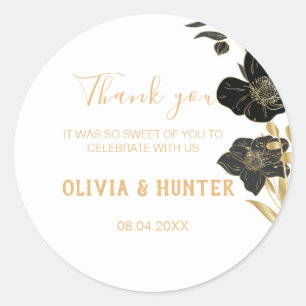Classic Black & White,  Floral Wedding Thank you Round Sticker