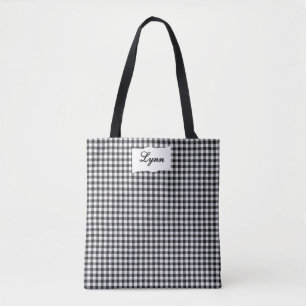 Classic Black & White Gingham Personalized Name Tote Bag