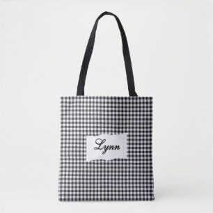 Classic Black & White Gingham Personalized Name Tote Bag