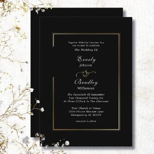Classic Black White Gold Frame Border Chic Wedding Invitation