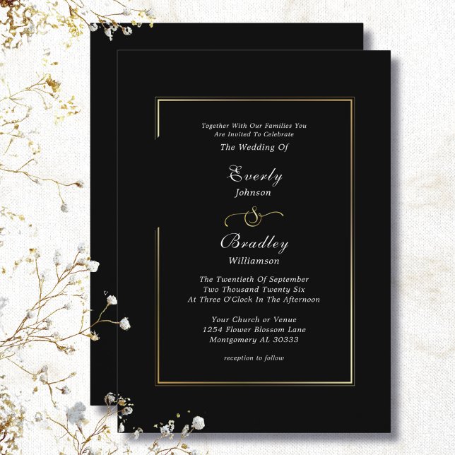 Classic Black White Gold Frame Border Chic Wedding Invitation (Creator Uploaded)