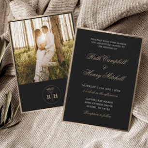 Classic Black White & Gold Monogram Wedding Invitation