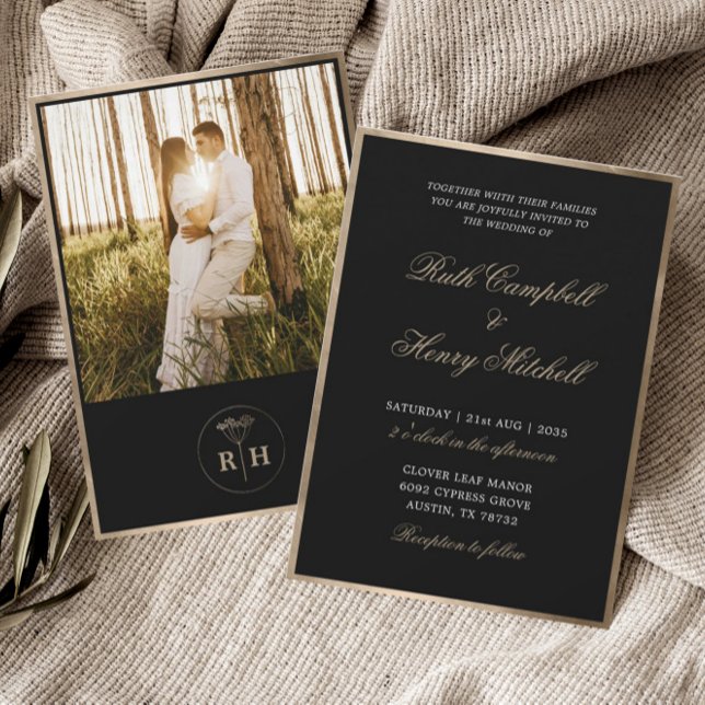 Classic Black White & Gold Monogram Wedding Invitation (Creator Uploaded)