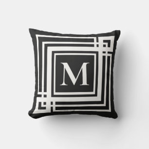 Classic black white greek framed monogram cushion