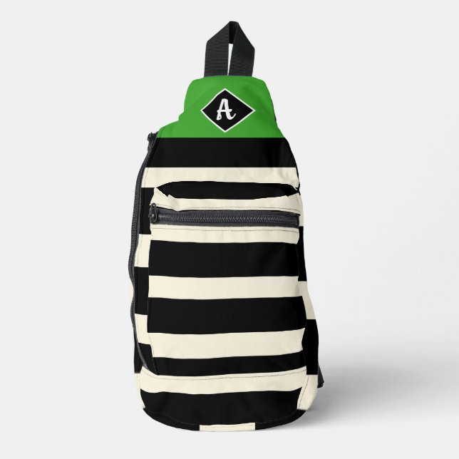 Classic Black, White, & Green Stripes Sling Bag (Front)