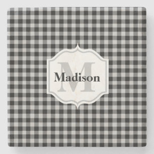 Classic Black White Grey Buffalo Plaid Monogram Stone Coaster